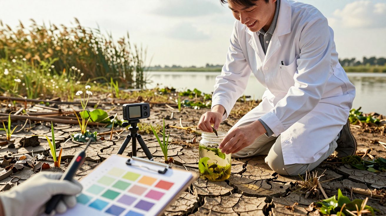 Cientista coleta amostra de planta em ambiente aquático, enquanto outro toma notas com paleta de cores ao lado.