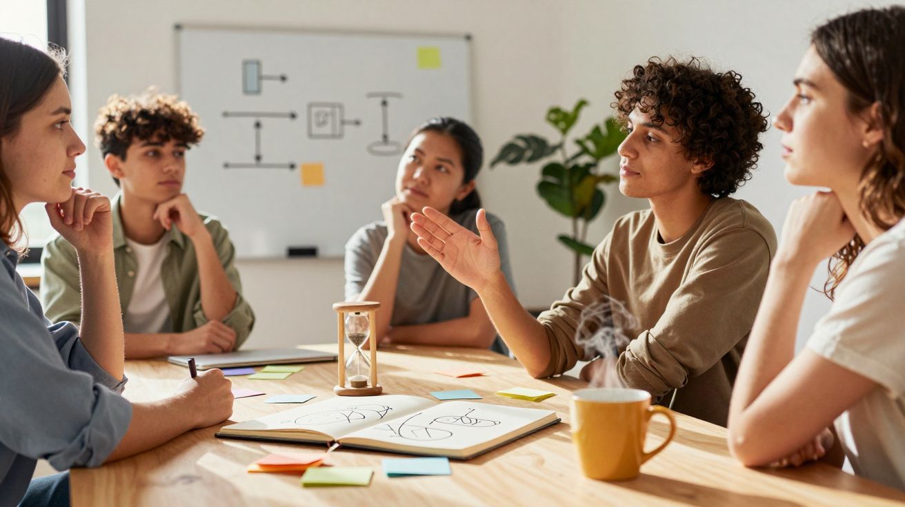 Grupo de jovens em reunião ao redor de uma mesa com papéis, canecas e ampulheta. Painel branco ao fundo com notas adesivas.