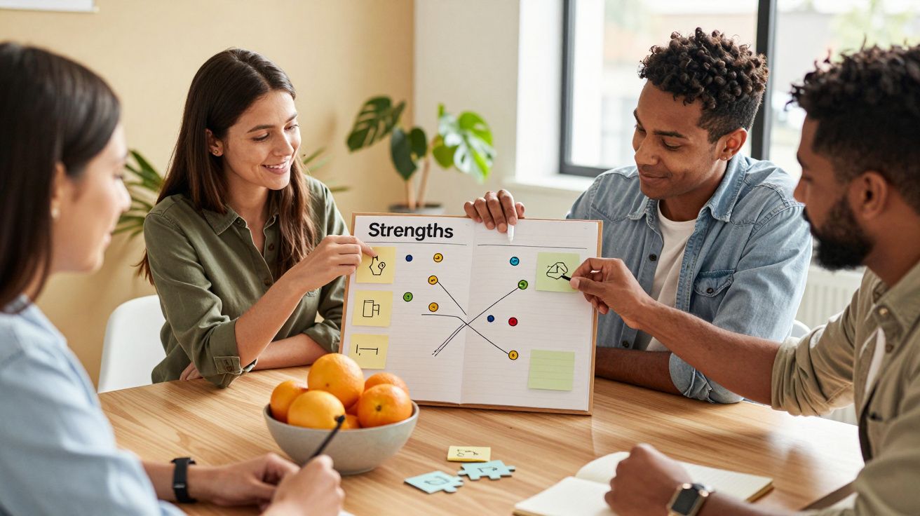 Grupo de pessoas numa reunião, discutindo gráfico de pontos coloridos em papel, com uma taça de laranjas na mesa.