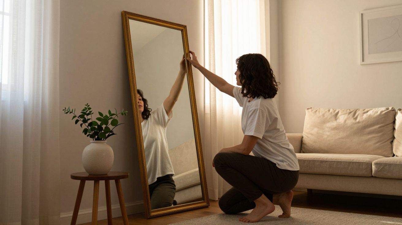 Mulher de joelhos a ajustar espelho dourado grande numa sala com sofá bege e planta em cima de mesa pequena.