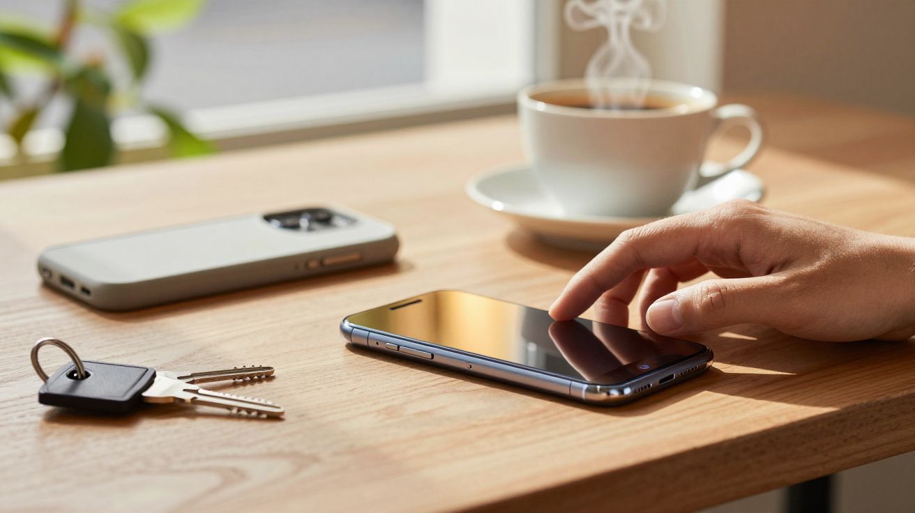 Mão toca smartphone em mesa de madeira com chaves e chávena de café ao fundo.