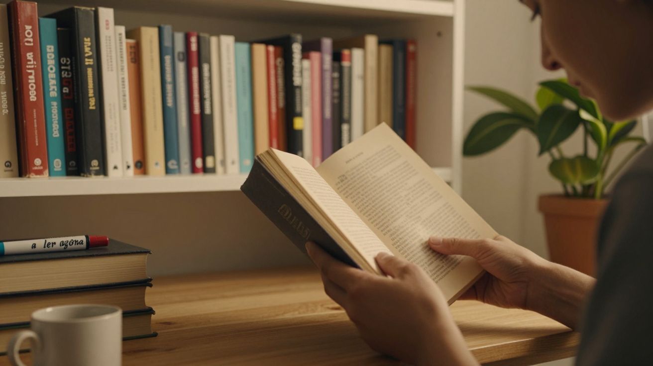 Pessoa lendo um livro numa sala com estante cheia, chávena e planta ao fundo.