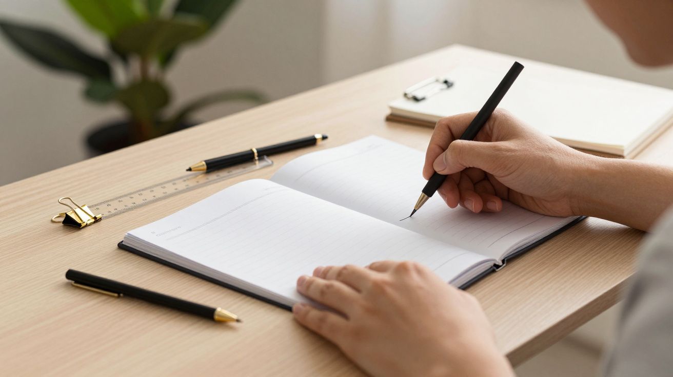 Pessoa a escrever num caderno sobre uma mesa de madeira, com uma caneta, régua, clipe e bloco de notas ao lado.