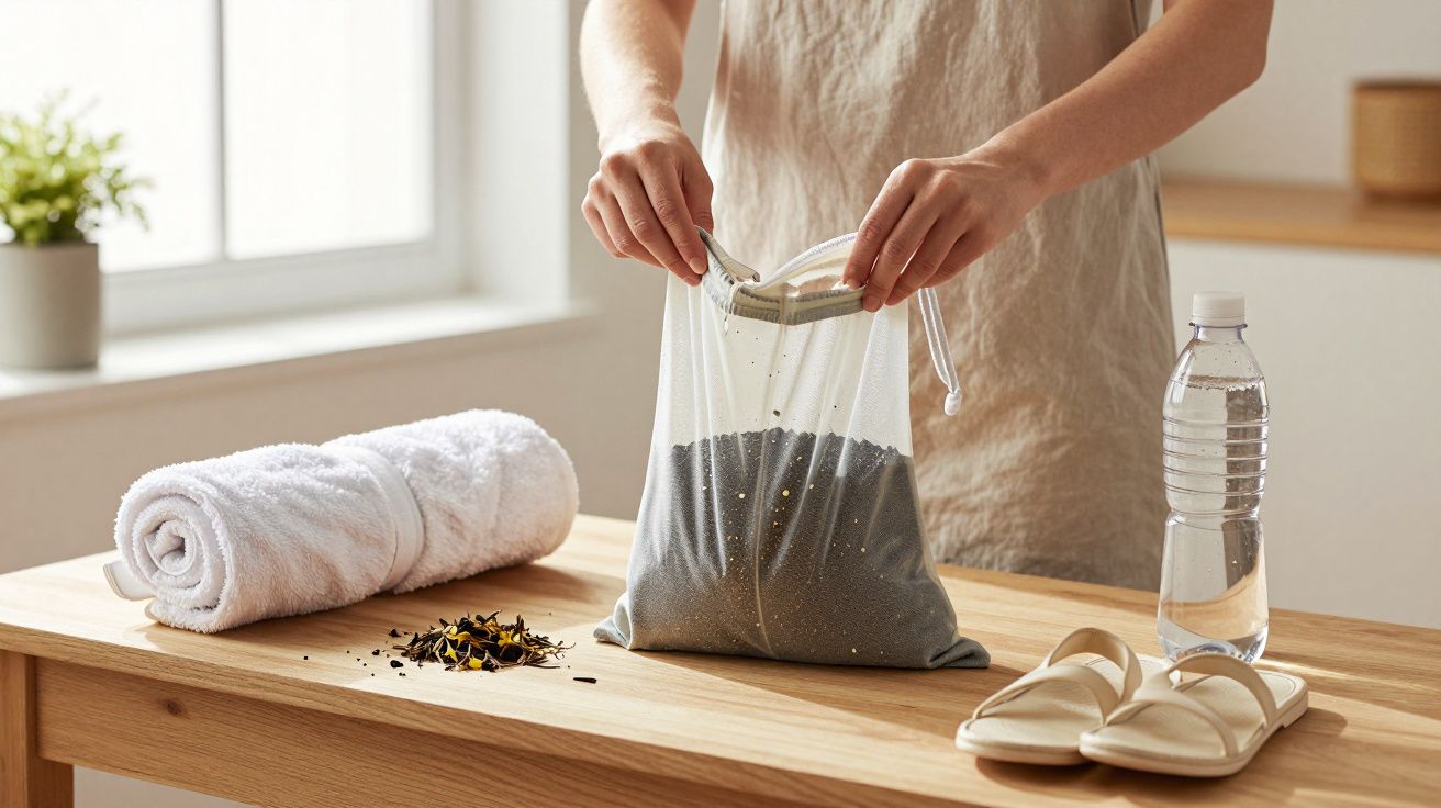 Pessoa a encher saquinho com sal em mesa de madeira, ao lado de toalha, chinelos, garrafa de água e pétalas secas.