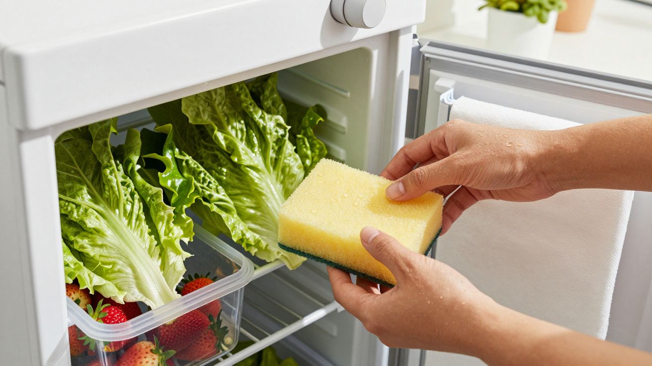 Pessoa a limpar um frigorífico aberto com alface e morangos no interior, usando uma esponja amarela.
