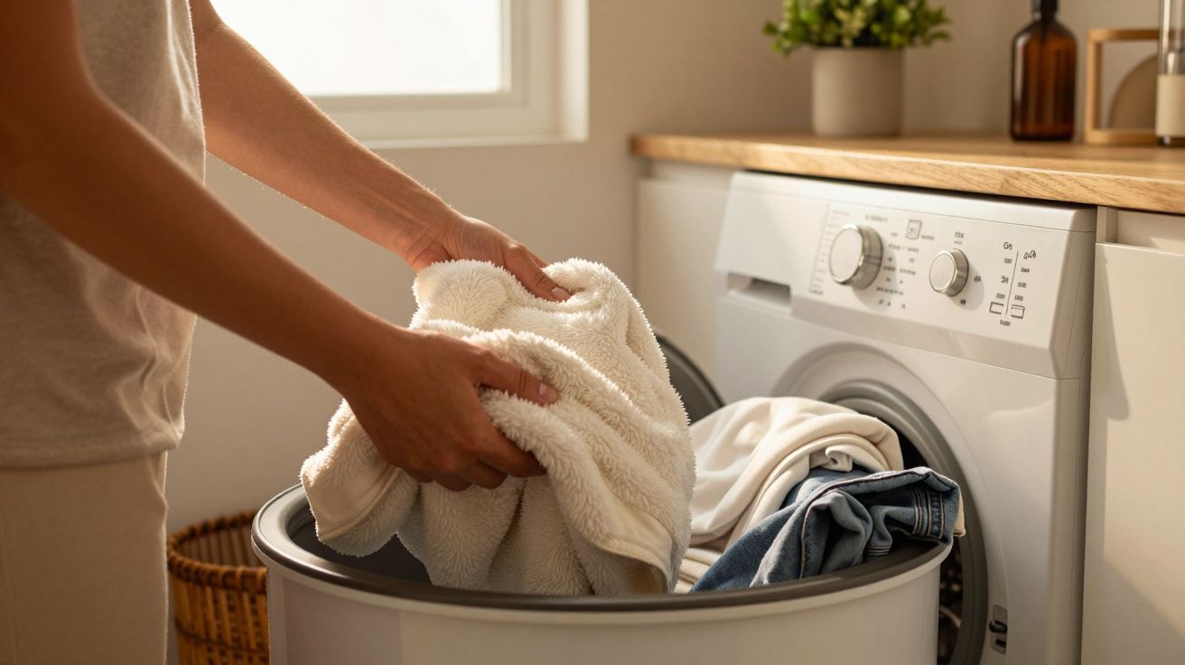 Pessoa a colocar roupa numa máquina de lavar roupa numa lavandaria bem iluminada.