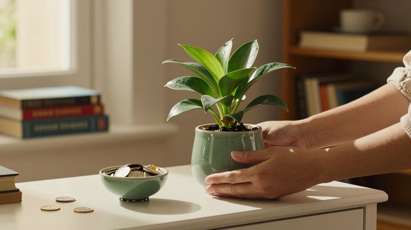 Mãos colocando vaso com planta sobre mesa branca, ao lado de uma taça com moedas e livros ao fundo.