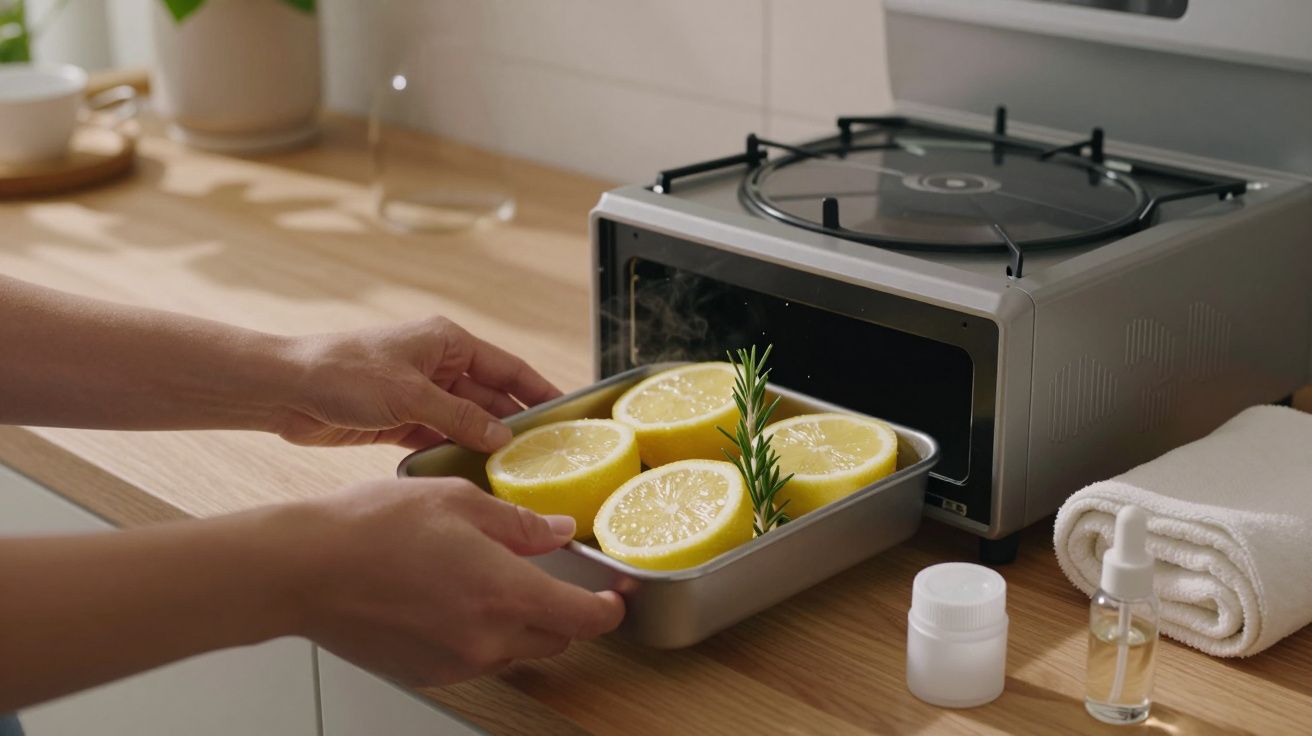 Mãos colocando bandeja com limões cortados e alecrim num forno de cozinha.