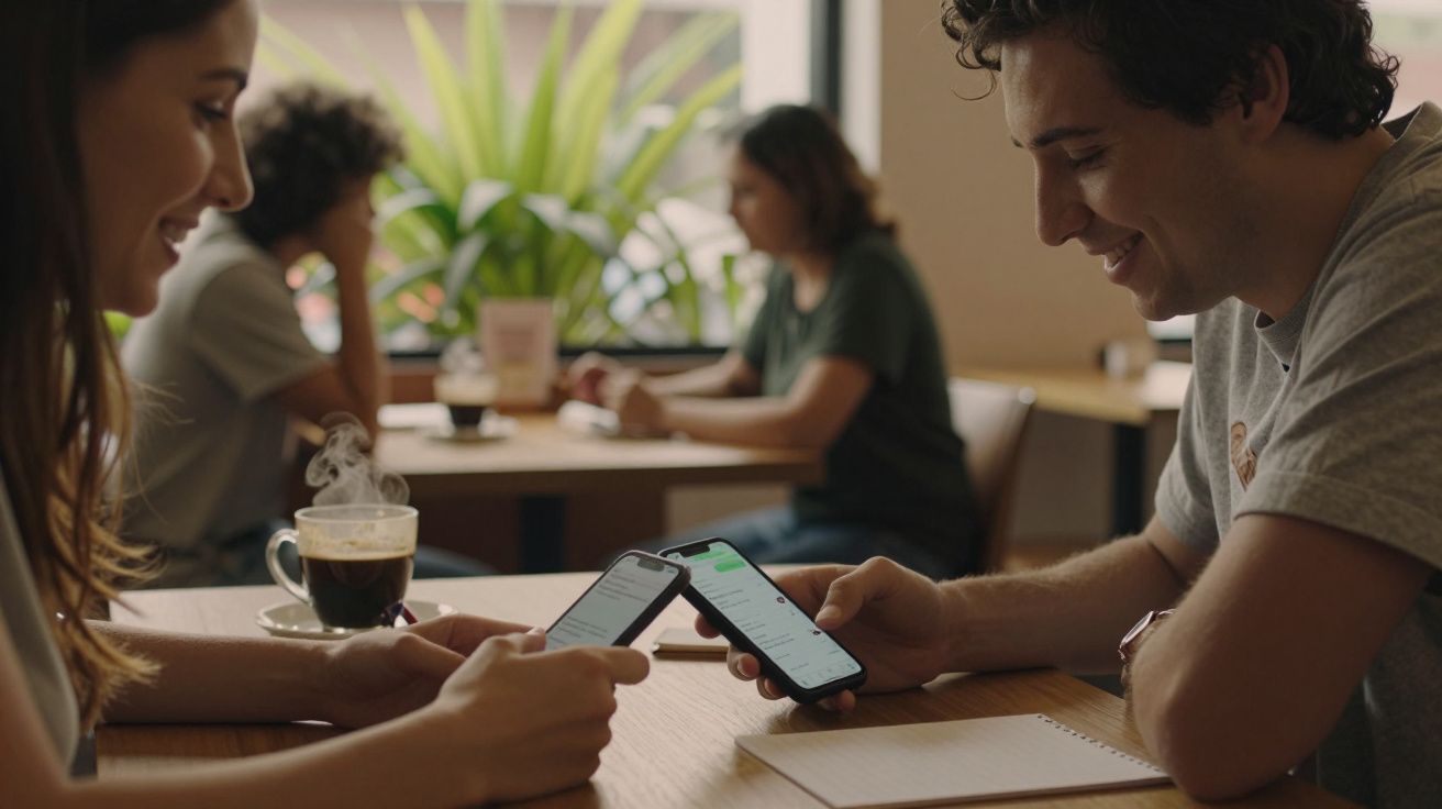 Duas pessoas a sorrir, sentadas numa cafeteria, mexendo nos seus telemóveis com café na mesa.