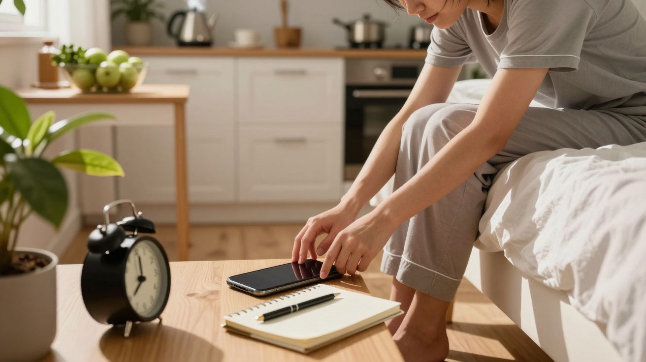 Pessoa em pijama ajusta smartphone numa mesa com bloco de notas, caneta e despertador; cozinha ao fundo.