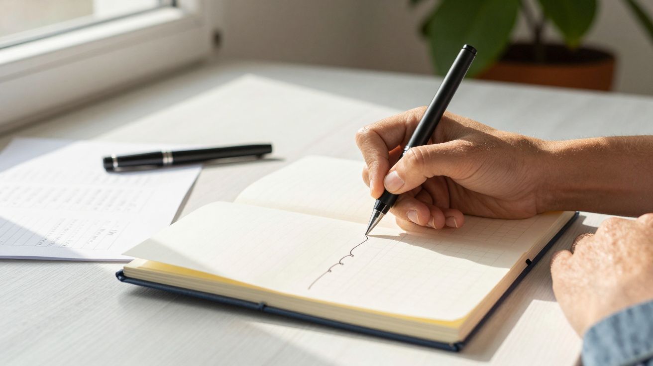 Mão segura caneta preta, escreve em caderno aberto, ao lado de papéis sobre mesa sob luz natural.