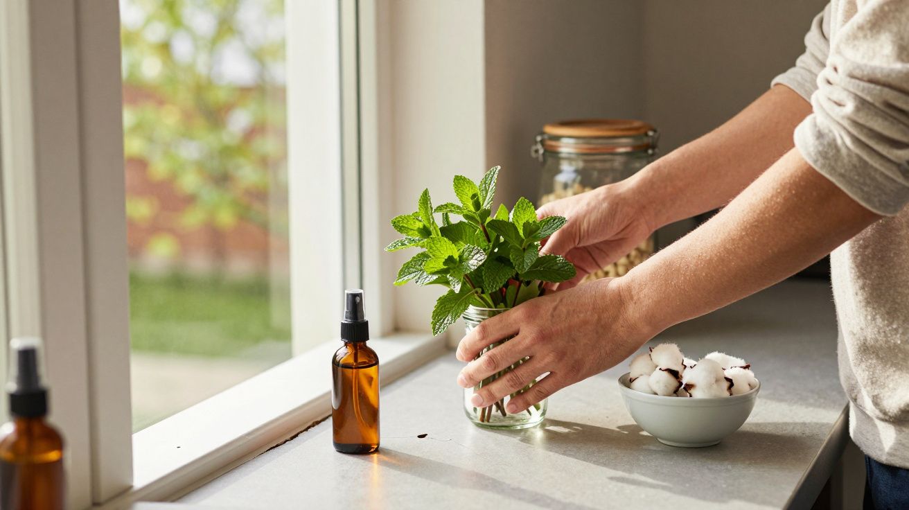 Mãos ajeitam jarra com folhas frescas numa bancada, perto de janela. Frasco âmbar e tigela com bolas de algodão ao lado.
