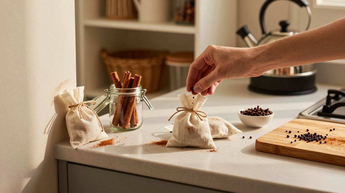 Mão a pegar num saco de tecido na cozinha, com pau de canela e pimenta preta ao lado.