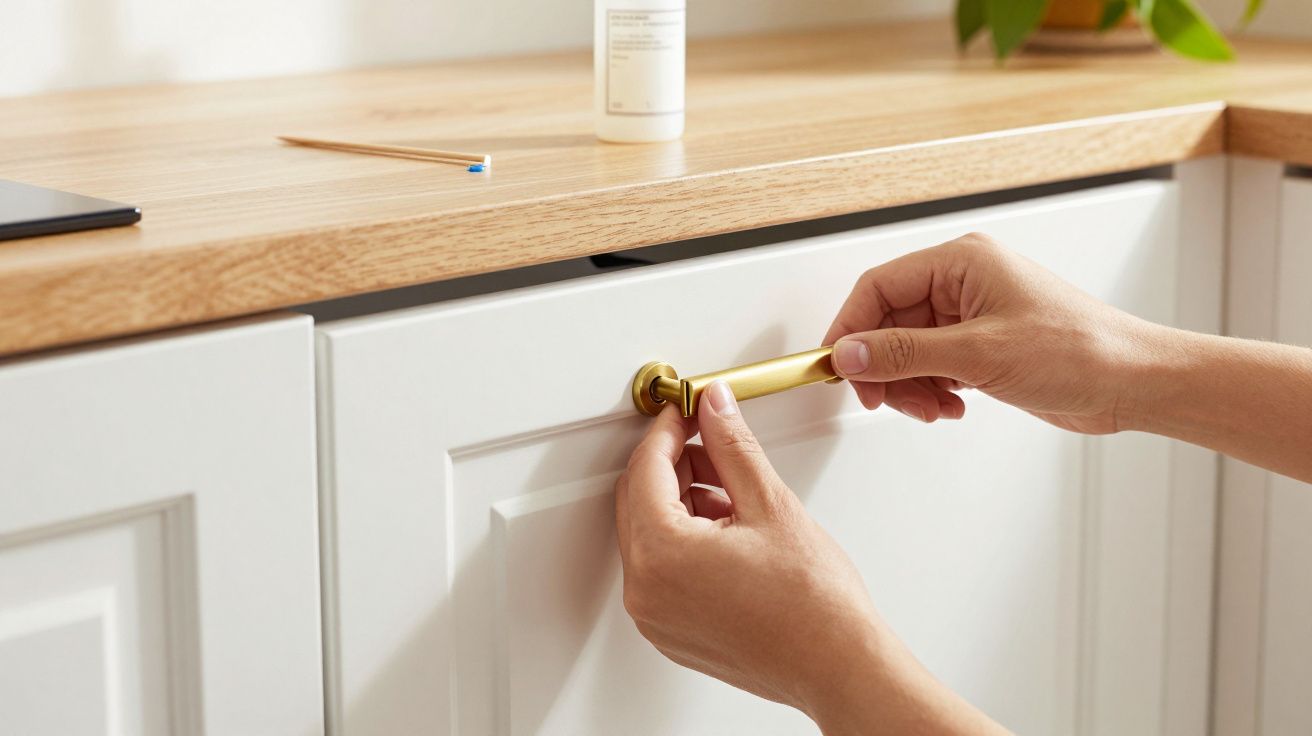 Mãos ajustam puxador dourado em porta de armário branco com tampo de madeira clara.