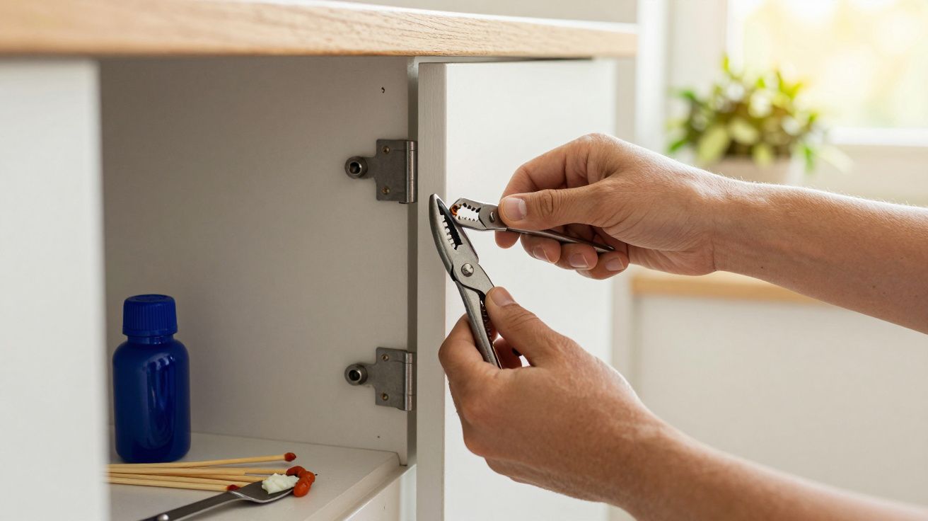 Pessoa ajusta dobradiça de armário branco com uma chave inglesa; frasco azul e fósforos ao fundo.