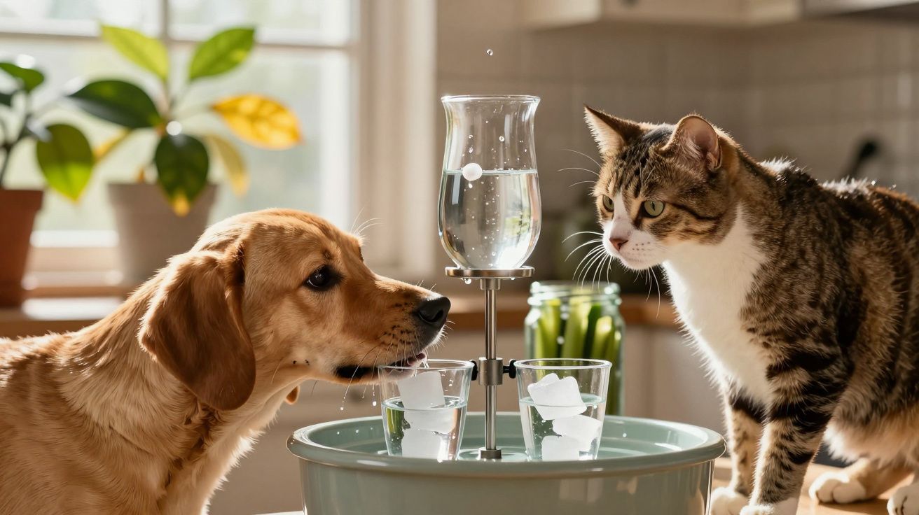 Cão e gato observam fonte de água numa cozinha, com plantas ao fundo.