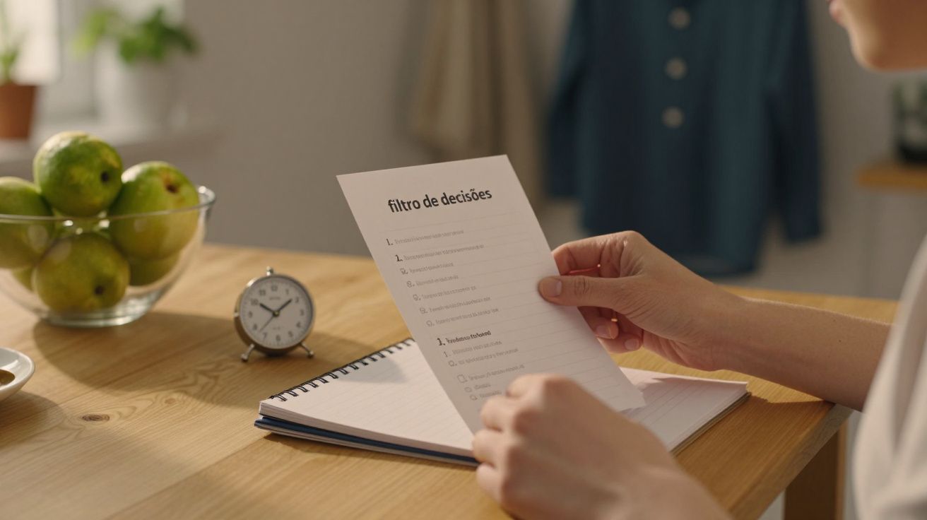 Pessoa lê lista intitulada "filtro de decisões" em mesa com caderno, relógio, e taça de maçãs verdes.