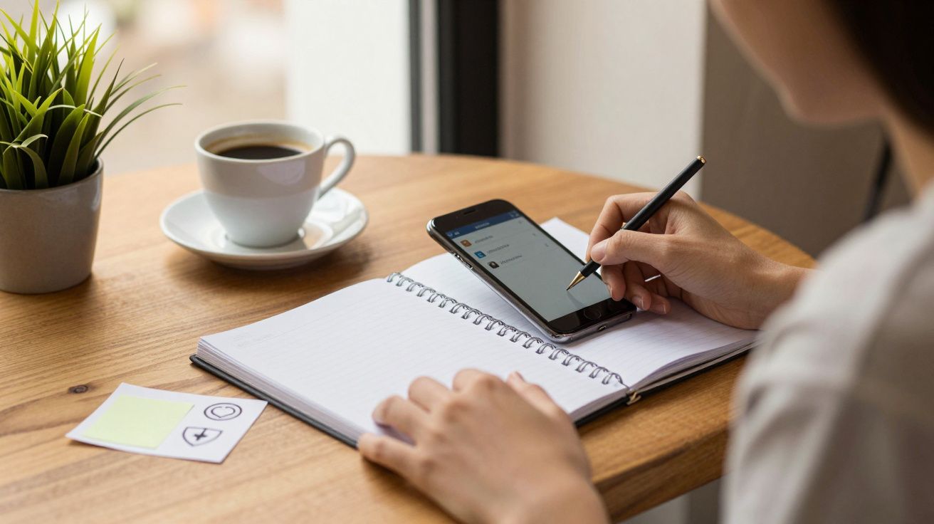 Pessoa escrevendo em caderno com chávena de café e planta em mesa de madeira. Telefone ao lado.