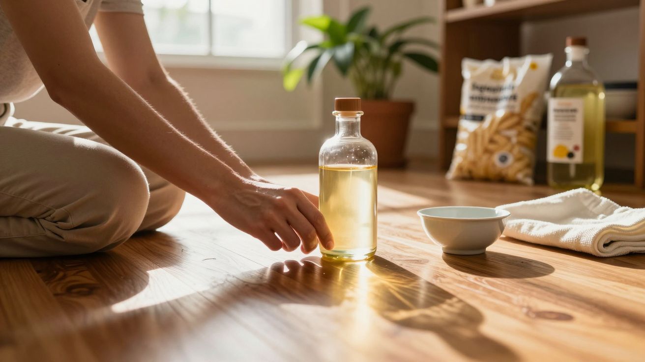 Pessoa a segurar uma garrafa de óleo num chão de madeira, com planta ao fundo e tigela ao lado.