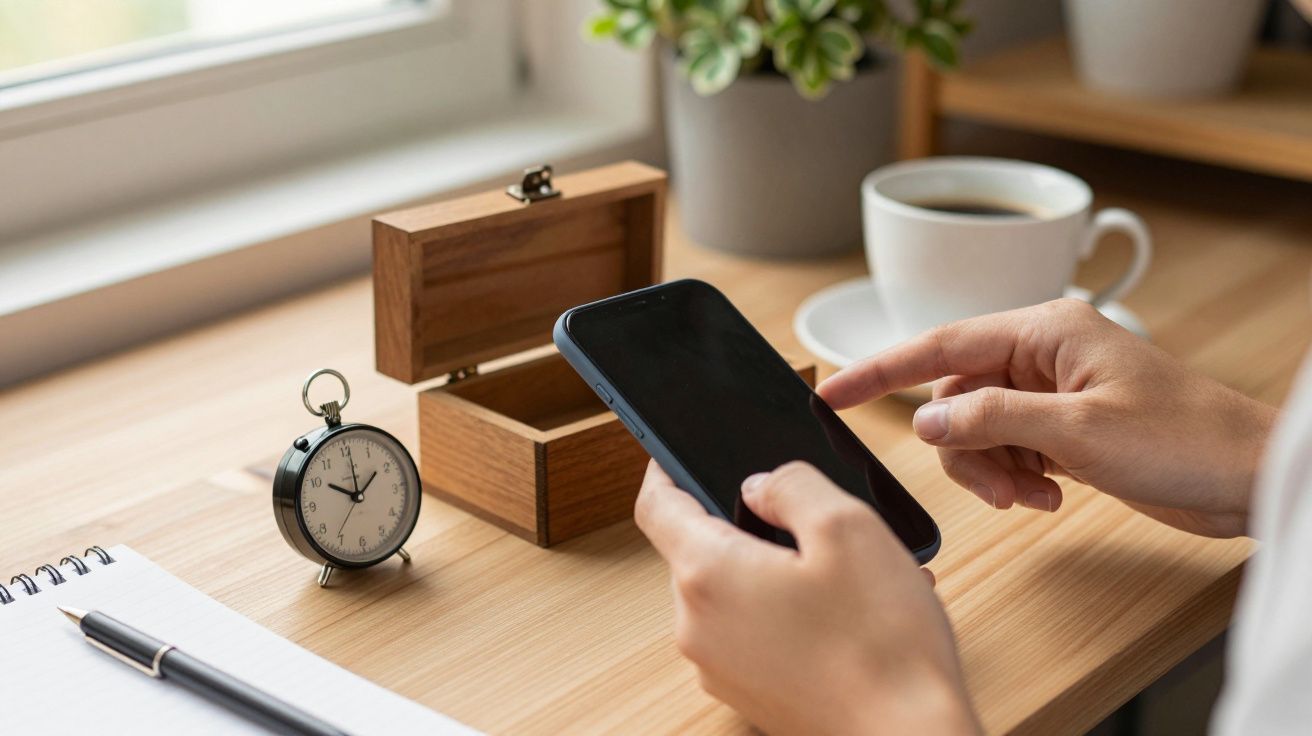 Pessoa a usar smartphone numa mesa com despertador, caixa de madeira aberta, e chávena de café ao lado.