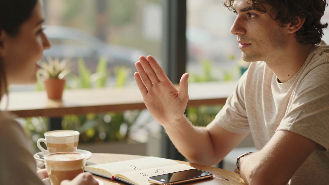 Duas pessoas conversam num café, com cadernos e bebidas na mesa. Um deles gesticula enquanto fala.