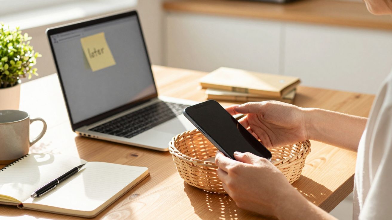 Pessoa coloca telemóvel numa cesta sobre uma secretária com computador portátil, bloco de notas e planta.