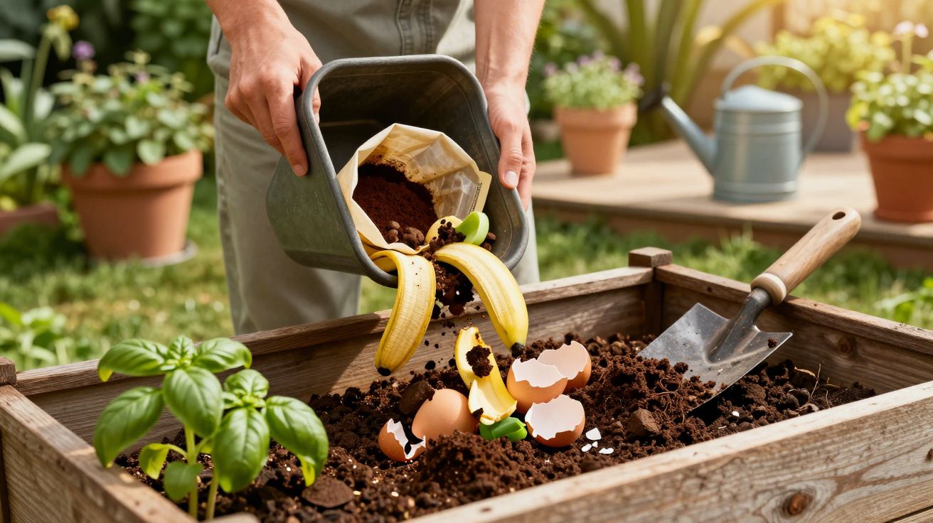 Pessoa a colocar resíduos orgânicos numa compostagem com cascas de banana e ovos, ao lado de plantas verdes num jardim.