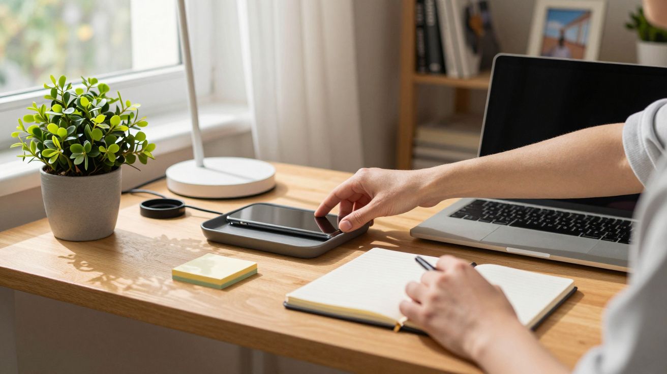 Pessoa a trabalhar à secretária com portátil, bloco de notas e telemóvel. Planta e candeeiro ao lado da janela.