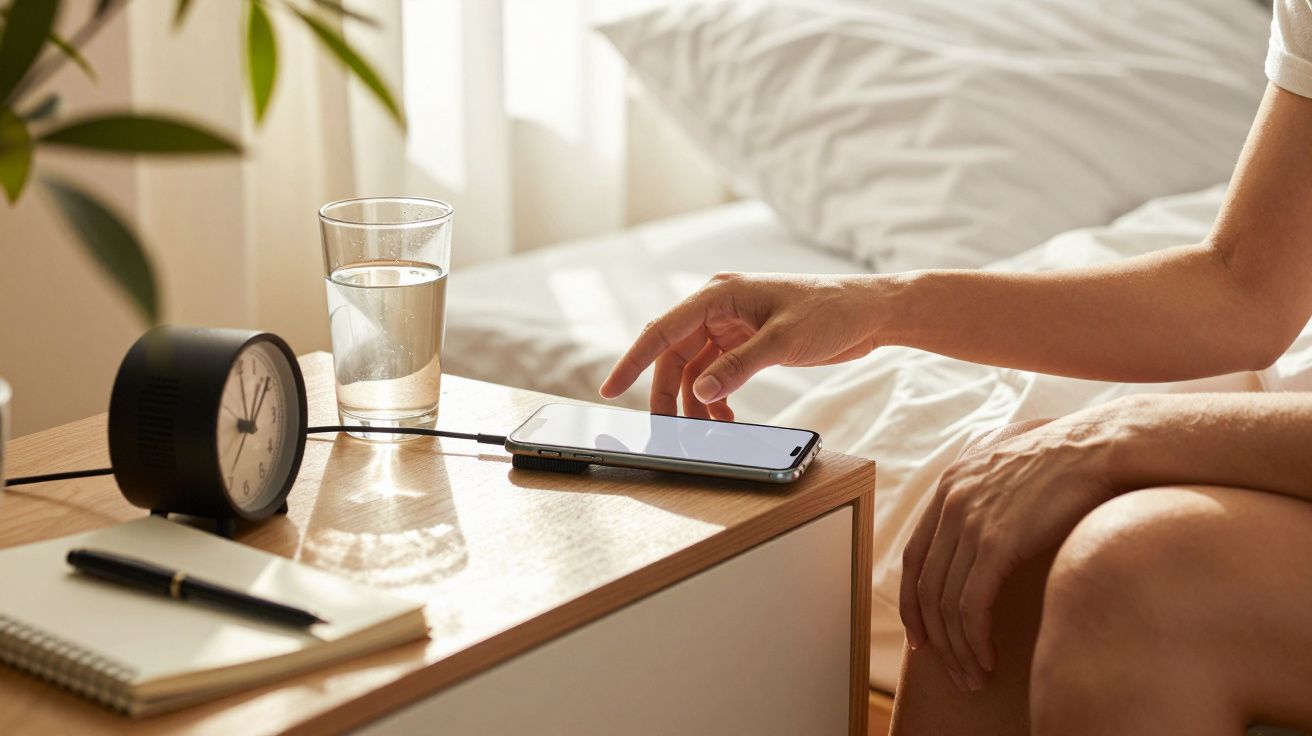 Pessoa toca num smartphone em cima de uma mesa-de-cabeceira com despertador, copo de água e bloco de notas.