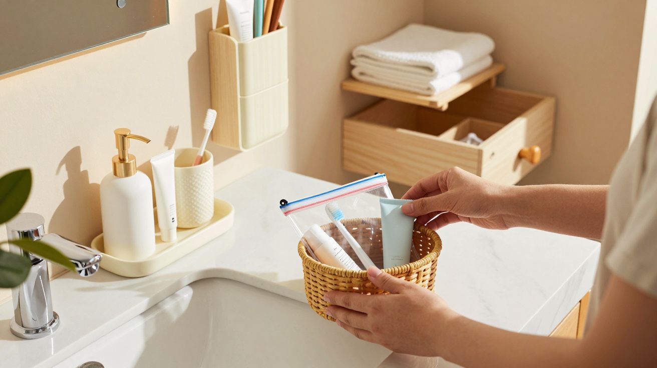 Mãos seguram cesto com produtos de higiene em casa de banho organizada, com sabonete e toalhas ao fundo.