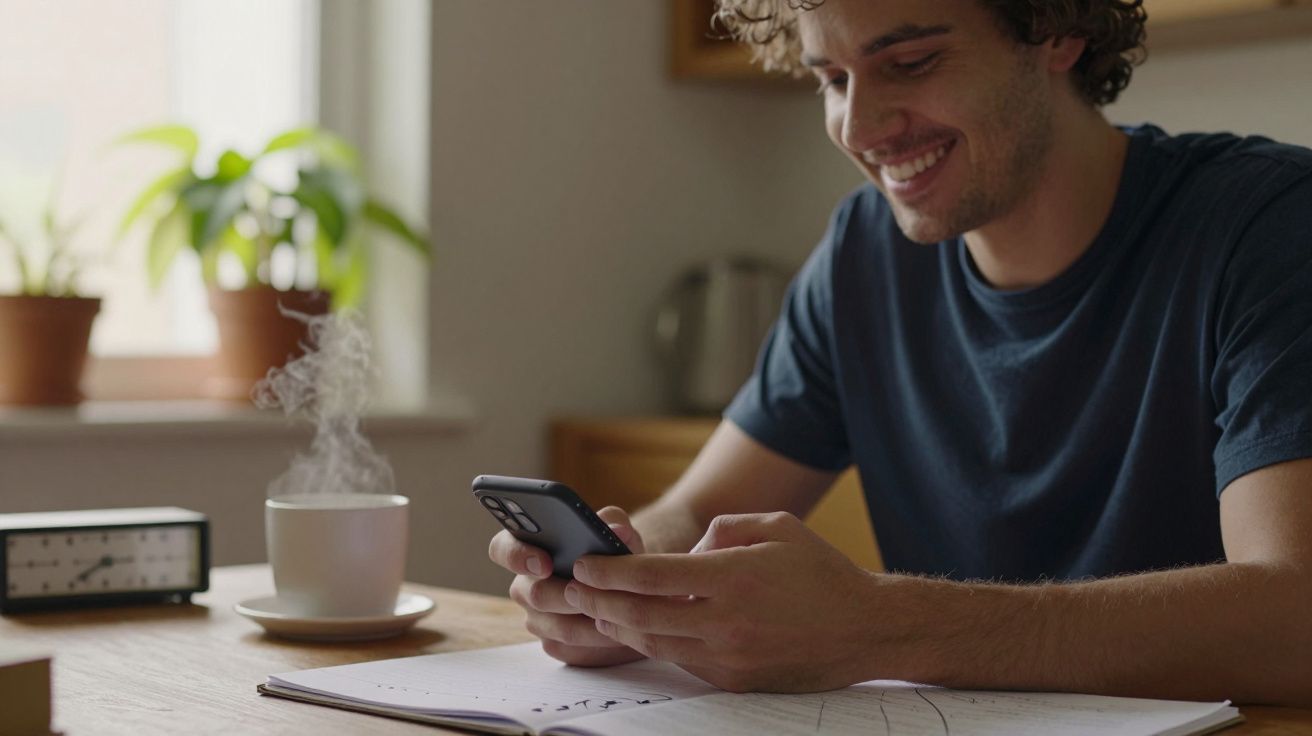 Homem sorridente com telemóvel na mão, sentado à mesa com café e caderno, plantas ao fundo em ambiente acolhedor.