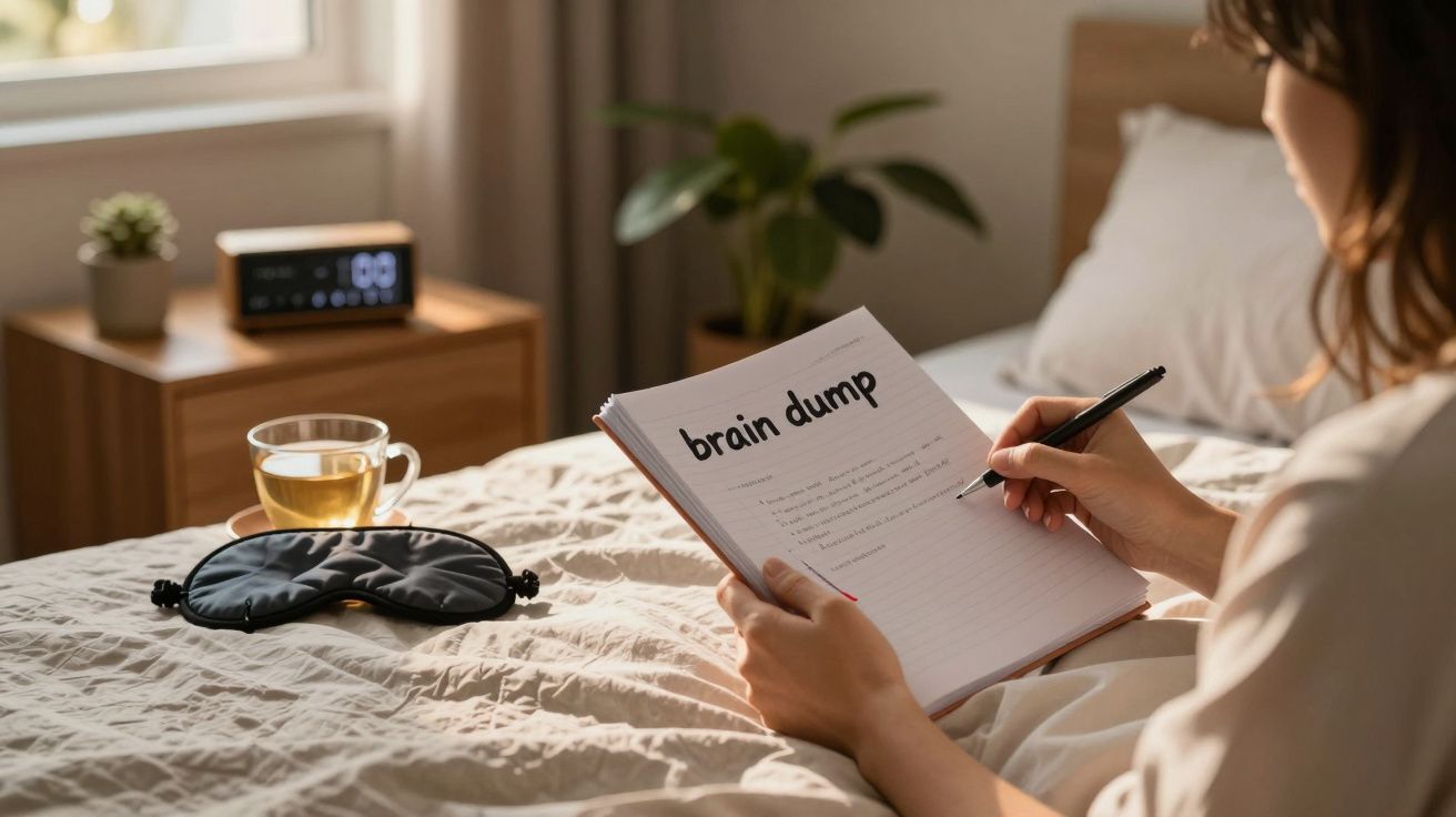 Mulher escreve num caderno na cama ao lado de um chá, máscara de dormir e um despertador.