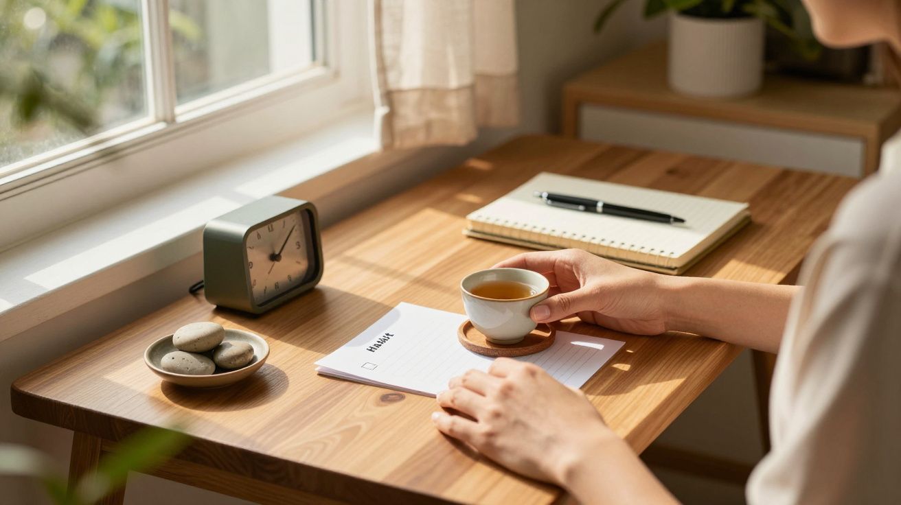 Pessoa segura chá numa mesa com caderno, caneta, relógio e prato de biscoitos.