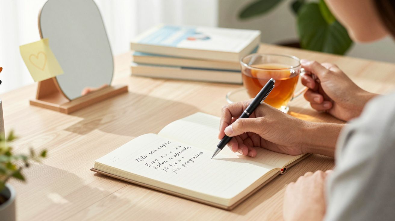 Pessoa escreve em caderno, com chá ao lado, em mesa de madeira, livros empilhados e espelho com nota adesiva.