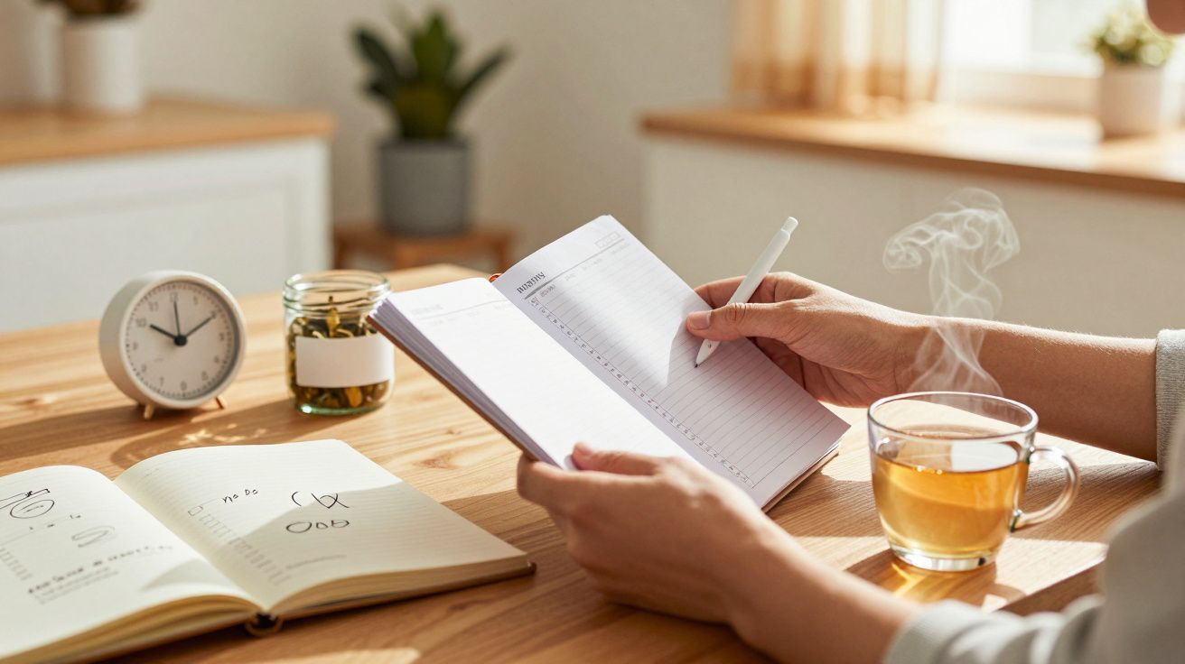 Pessoa a escrever num caderno numa mesa com chávena de chá fumegante, caderno aberto e relógio.