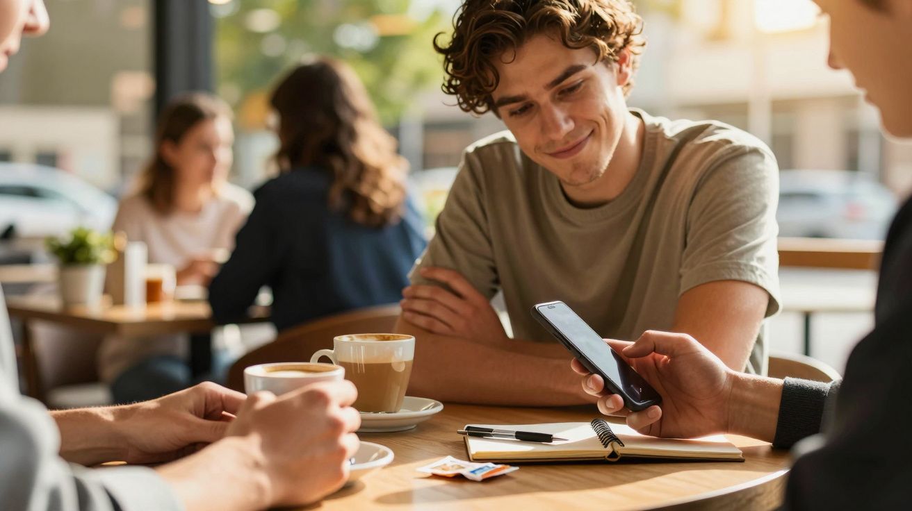 Jovens numa mesa de café conversam, com chávenas de café, telemóvel e bloco de notas sobre a mesa.