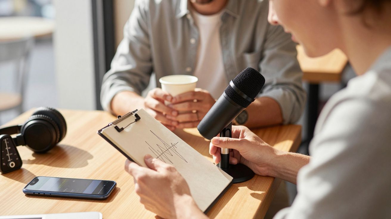 Duas pessoas num podcast, uma segura microfone e bloco de notas, a outra segura copo. Auscultadores e telemóvel na mesa.