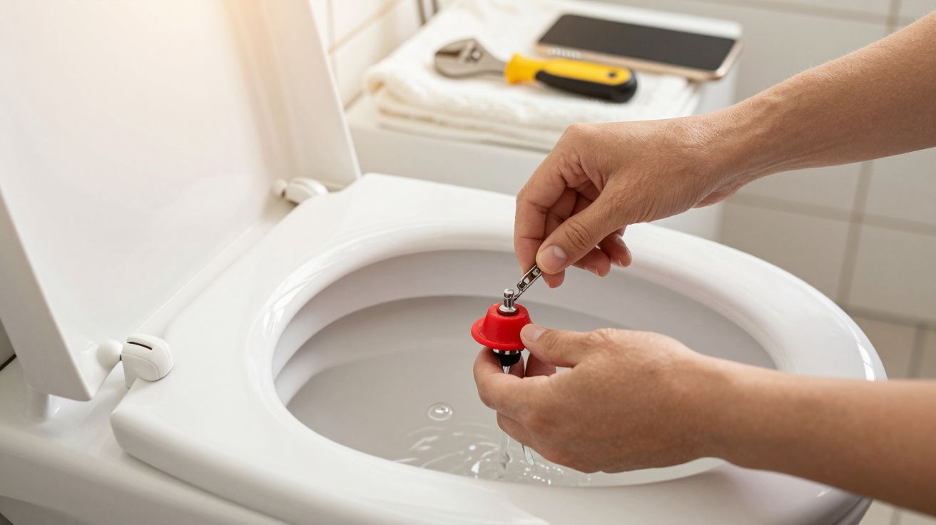 Mãos ajustando peça de reparação dentro de sanita branca; ferramenta e toalha ao fundo.