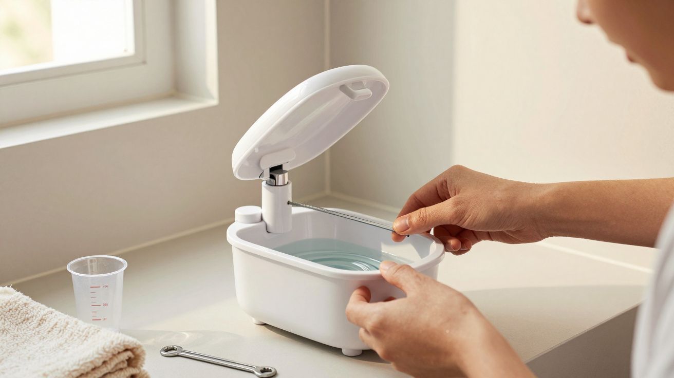 Pessoa usando dispositivo para lavar cabeças de escovas dentais numa bancada.