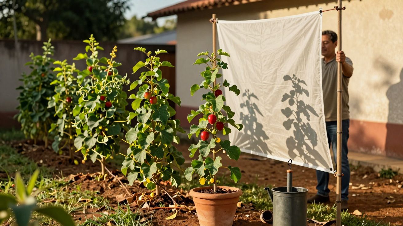 Homem ajusta tela de sombra em jardim com fileira de plantas em vasos com frutos vermelhos. Regador no chão.