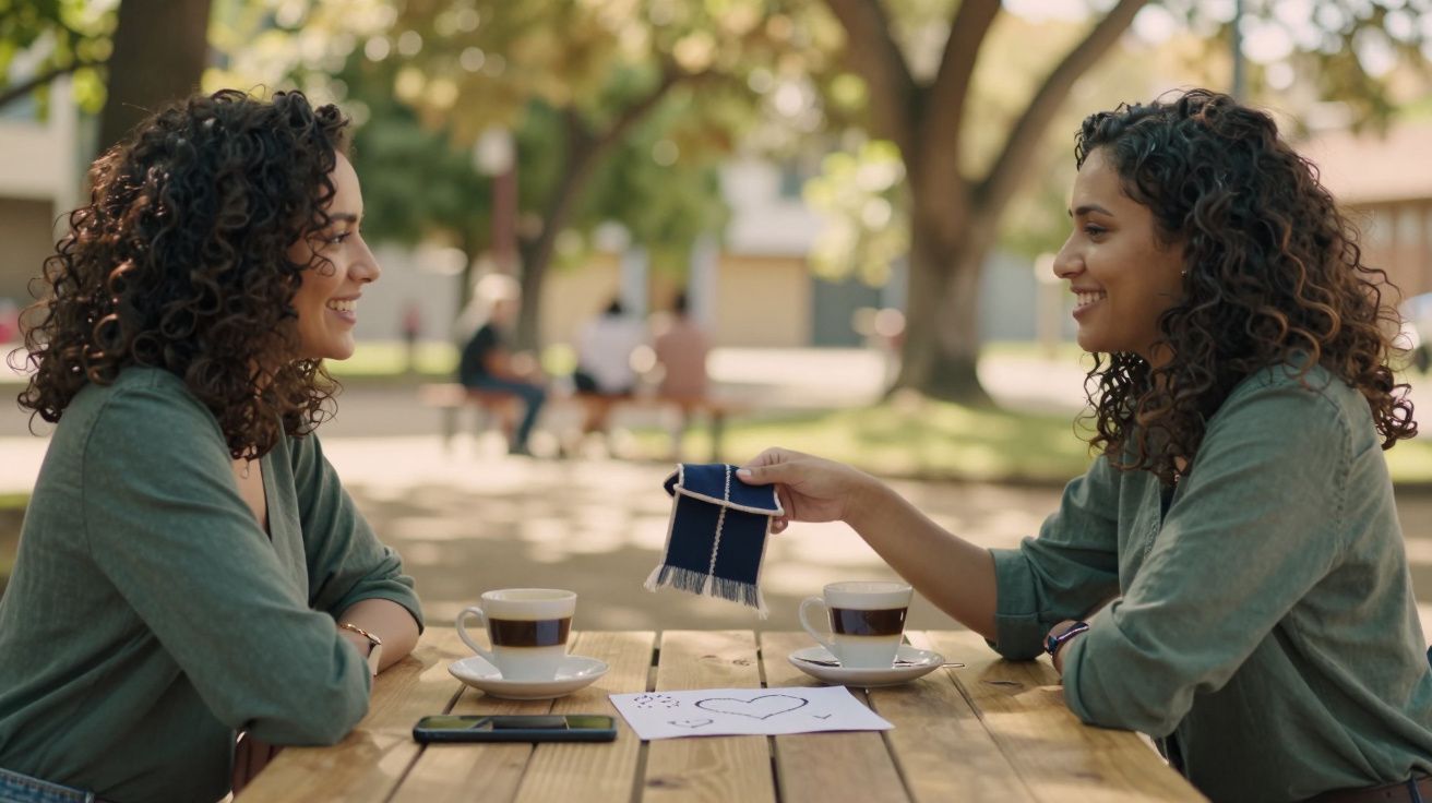 Duas mulheres sorridentes sentadas num parque trocam um pequeno presente sobre uma mesa com café e um desenho.