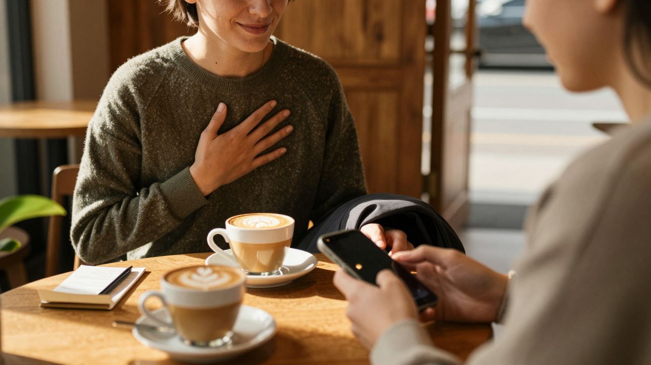 Duas pessoas a conversar numa cafetaria, uma com a mão no peito e duas chávenas de café na mesa.