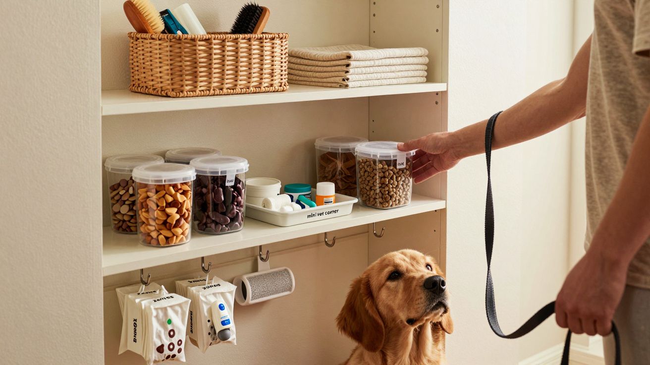 Pessoa a segurar uma trela com cão em frente a prateleira com mantimentos e acessórios organizados, toalhas empilhadas.