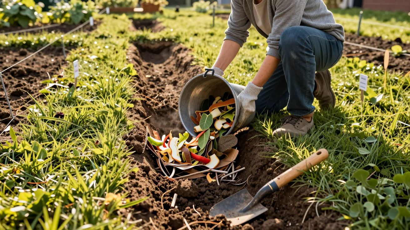 Pessoa a adicionar resíduos de vegetal colorido ao solo num jardim, com uma pá ao lado.