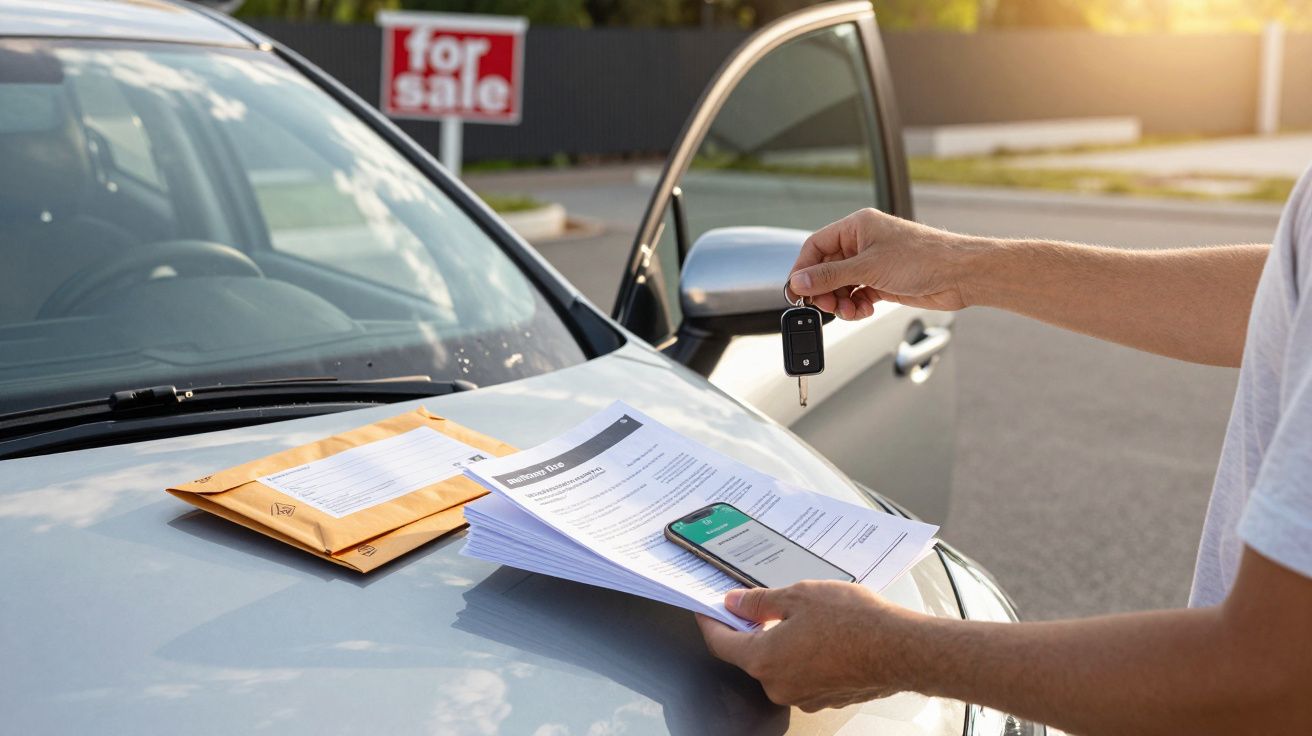 Pessoa segura chaves de carro ao lado de documentos sobre o capô de um carro, com placa "for sale" ao fundo.