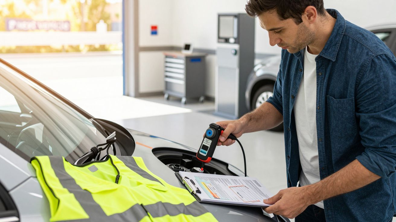 Homem a verificar o motor de um carro com um dispositivo, colete refletor e documentos sobre o capô.