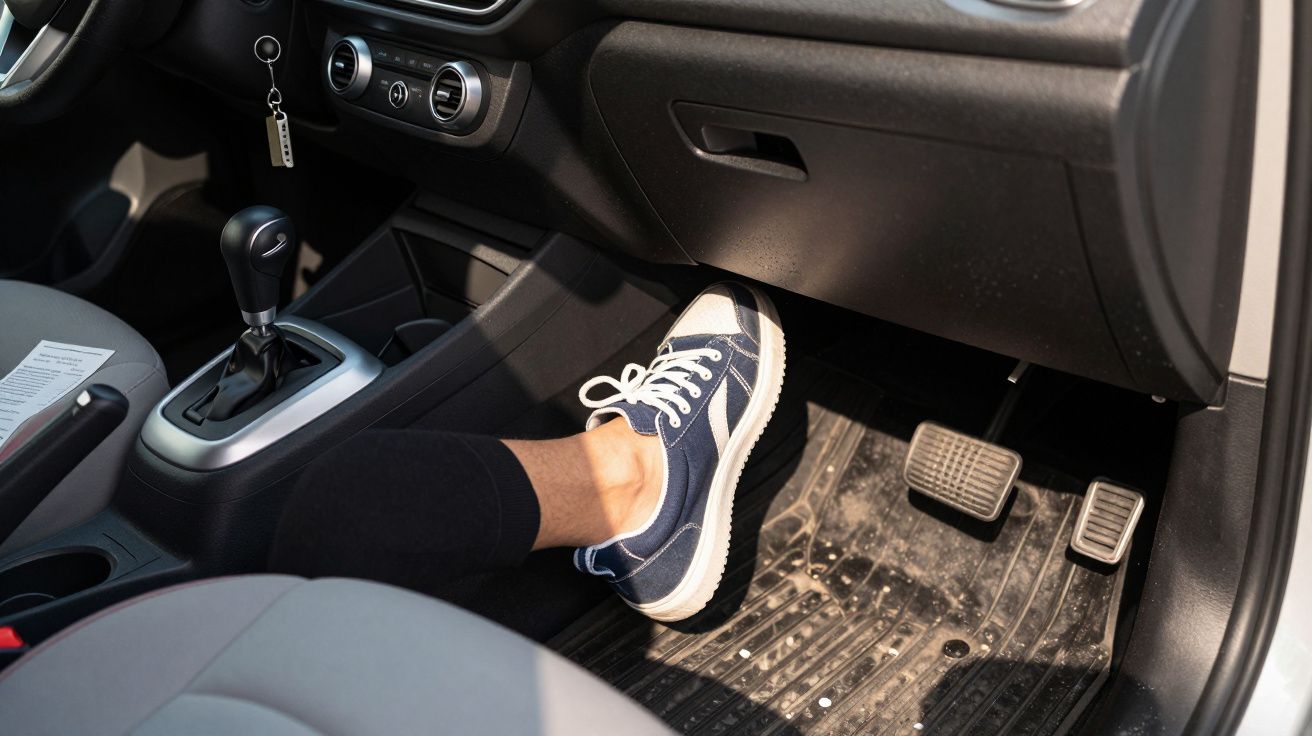 Pessoa com ténis azuis no pedal do travão num carro com mudança automática.