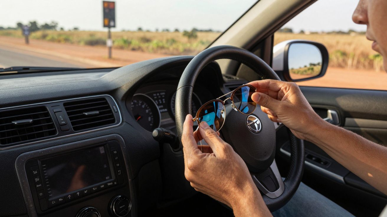 Pessoa no carro segurando óculos de sol ao volante numa estrada rural.