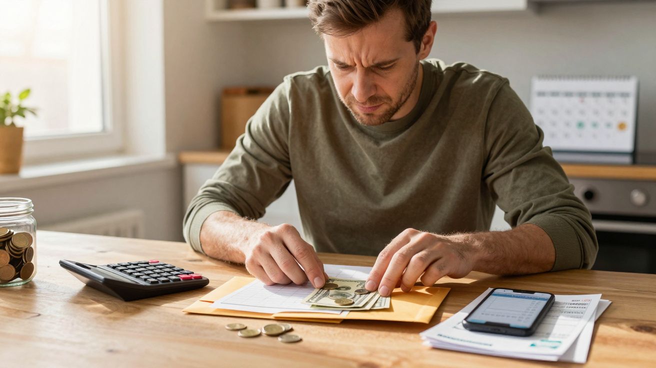 Homem preocupado faz contas na mesa com notas, calculadora e smartphone, lidando com finanças pessoais.