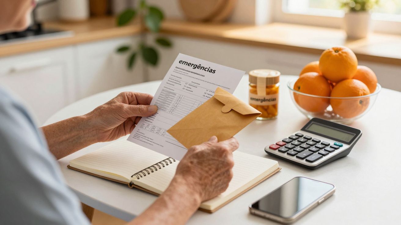 Pessoa segura conta de emergências junto a bloco de notas, calculadora e telemóvel numa mesa com laranjas.